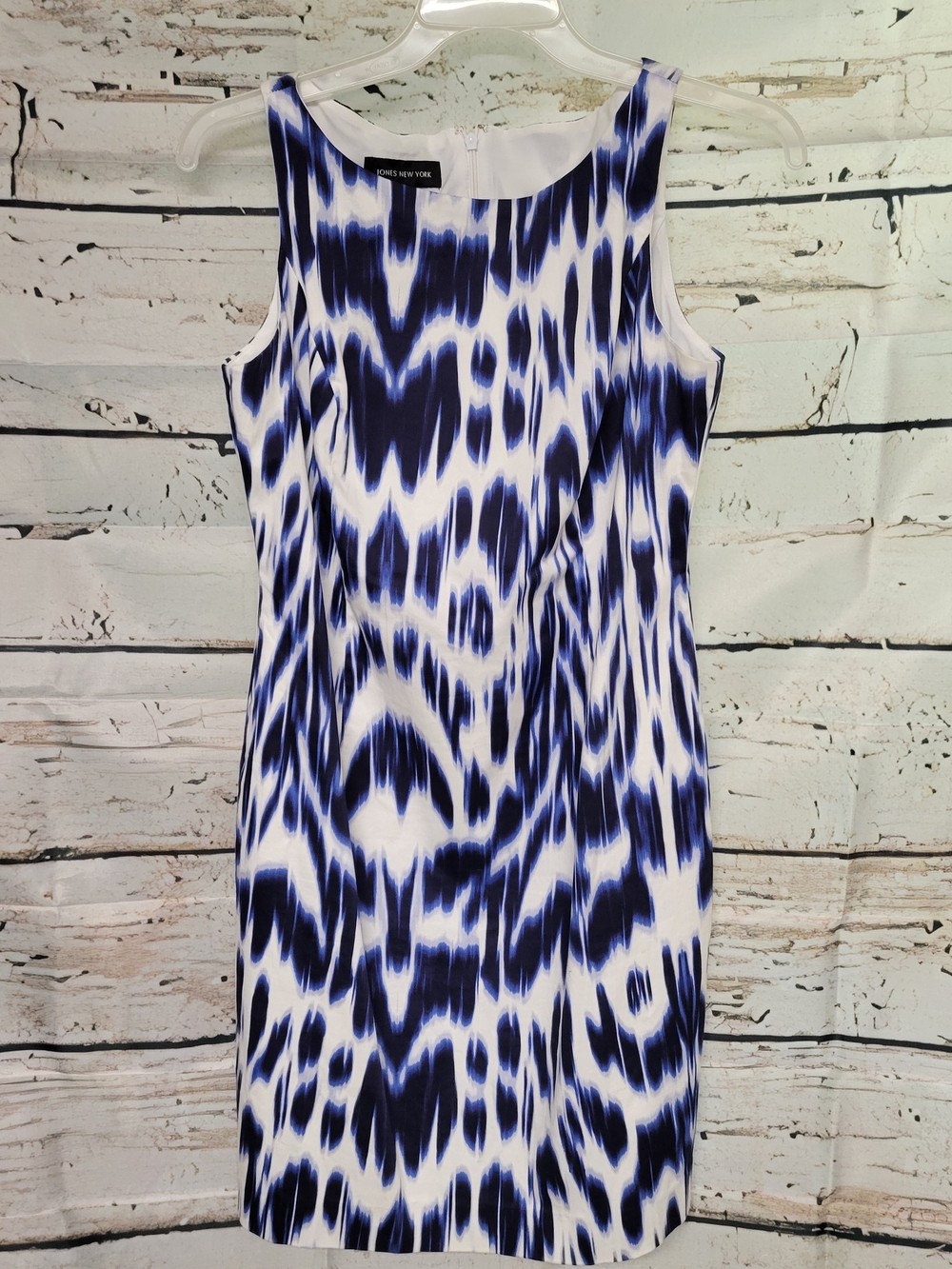 Jones New York Blue White Abstract Print Sheath Dress Size 8 Sleeveless Stretch